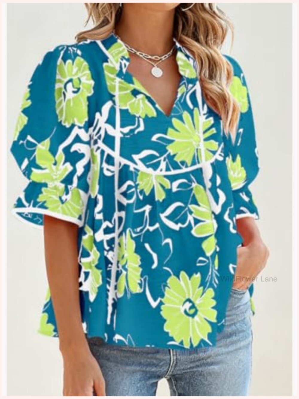 Ruffle Puff Sleeve V Neck Babydoll Tunic Top Blouse Boho Floral Peplum Shirt - Picture 6 of 7